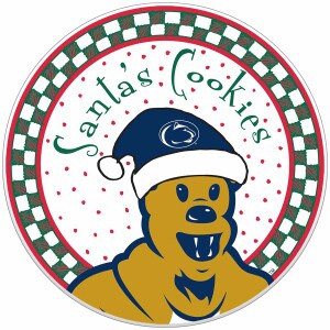 ceramic holiday plate with Santa's Cookies above Nittany Lion Mascot